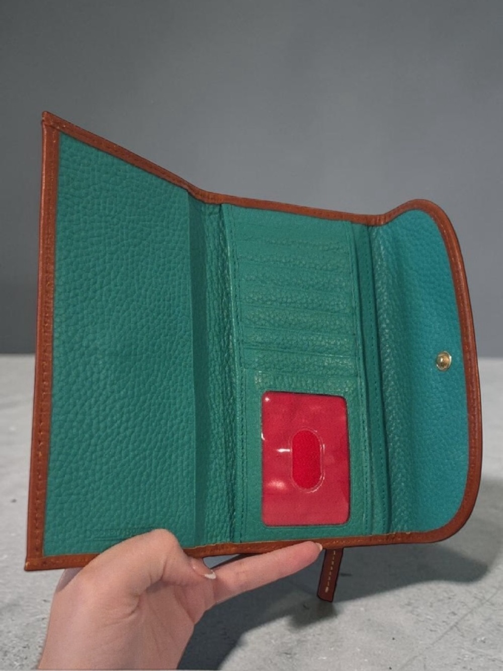 Dooney & Bourke Teal Pebbled Leather Wallet with Brown Trim - Picture 3 of 5